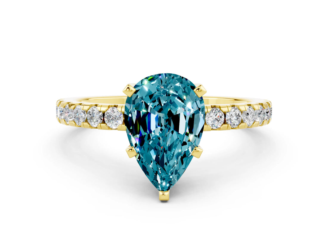 Yellow gold Pear Cut Blue Topaz Solitaire Ring with Round  Pavé Band and Four-Prong Setting_48