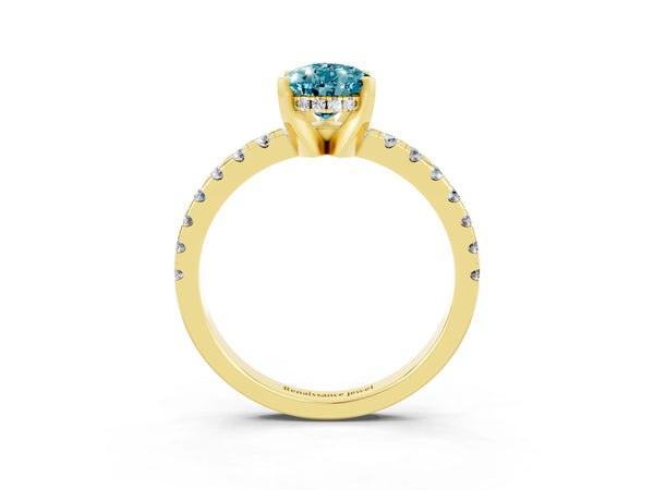 Yellow gold Pear Cut Blue Topaz Solitaire Ring with Round Pavé Band and Four-Prong Setting