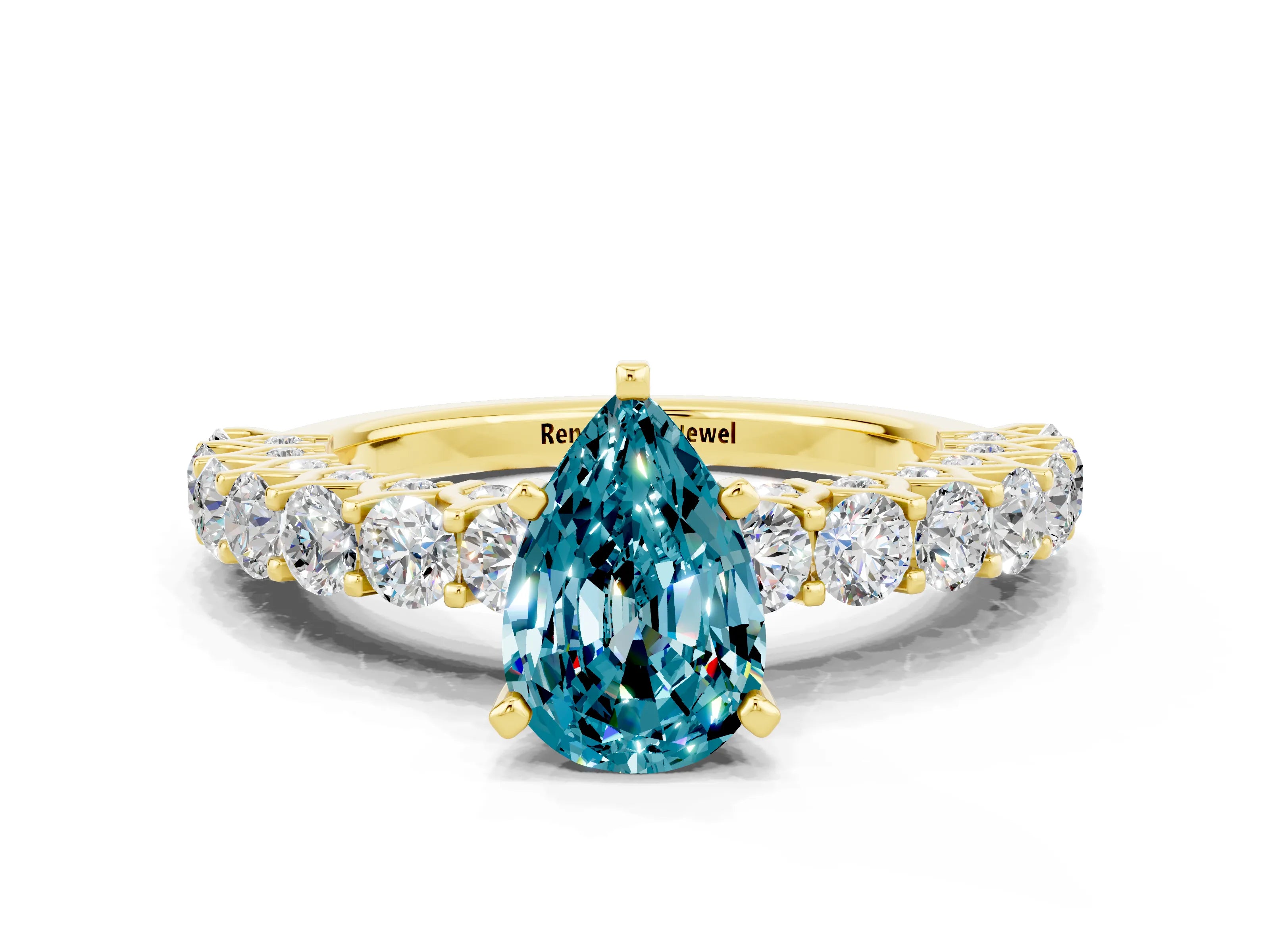 Yellow gold Pear Cut Blue Topaz Solitaire Ring with Shared Prong Pavé Band and Four-Prong Setting