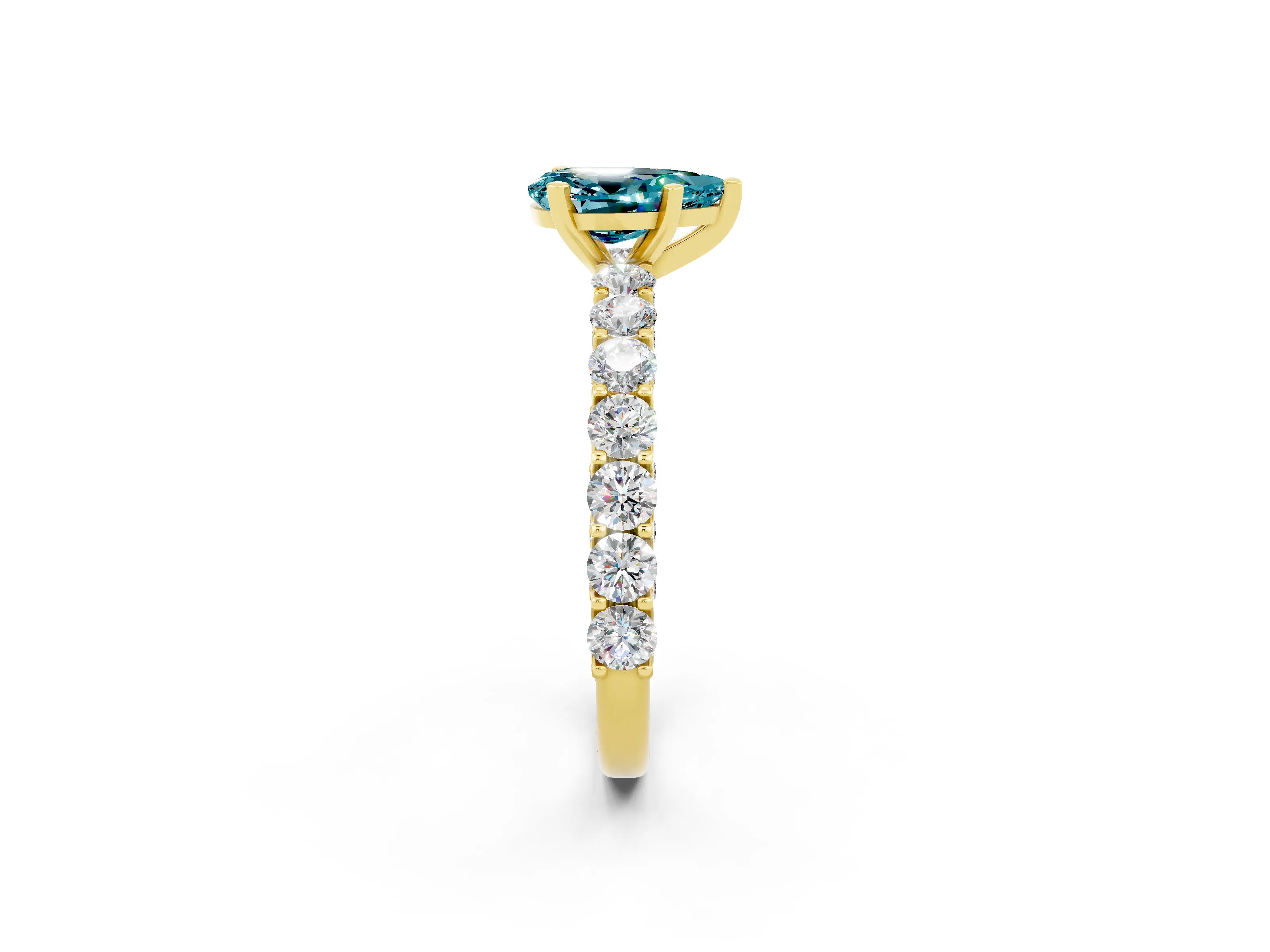 Yellow gold Pear Cut Blue Topaz Solitaire Ring with Shared Prong Pavé Band and Four-Prong Setting_2