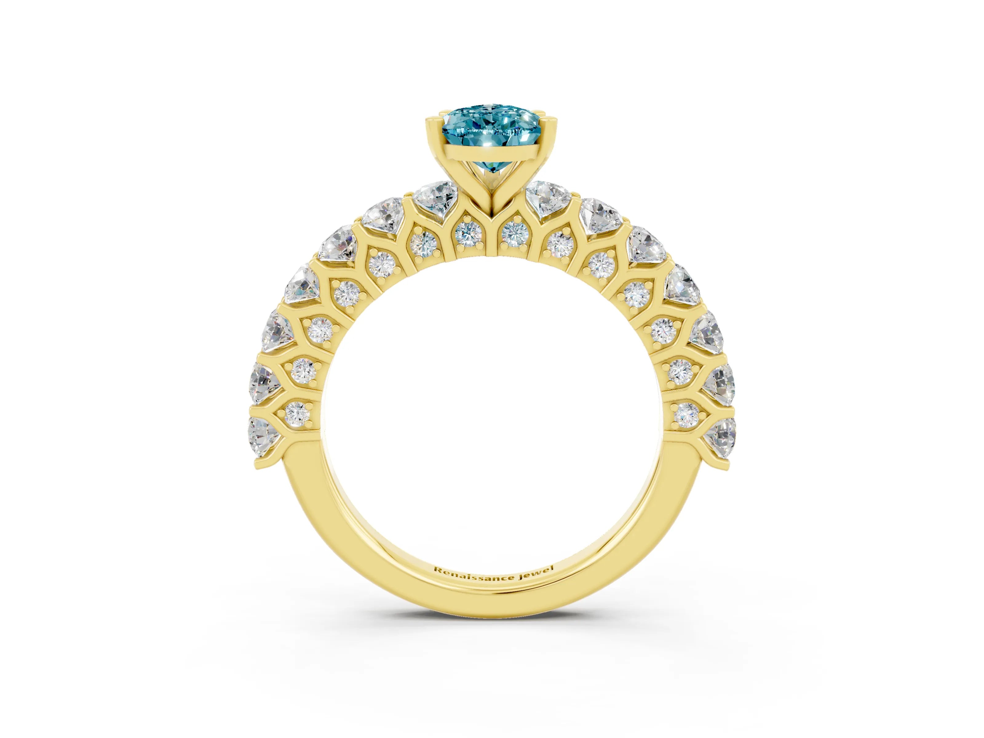 Yellow gold Pear Cut Blue Topaz Solitaire Ring with Shared Prong Pavé Band and Four-Prong Setting_3