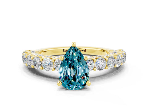 Yellow gold Pear Cut Blue Topaz Solitaire Ring with Shared Prong Pavé Band and Four-Prong Setting