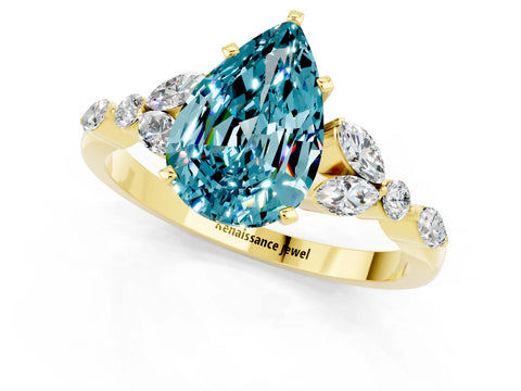 Yellow gold Pear Cut Blue Topaz Solitaire Ring with Side Stones and Four-Prong Setting_13