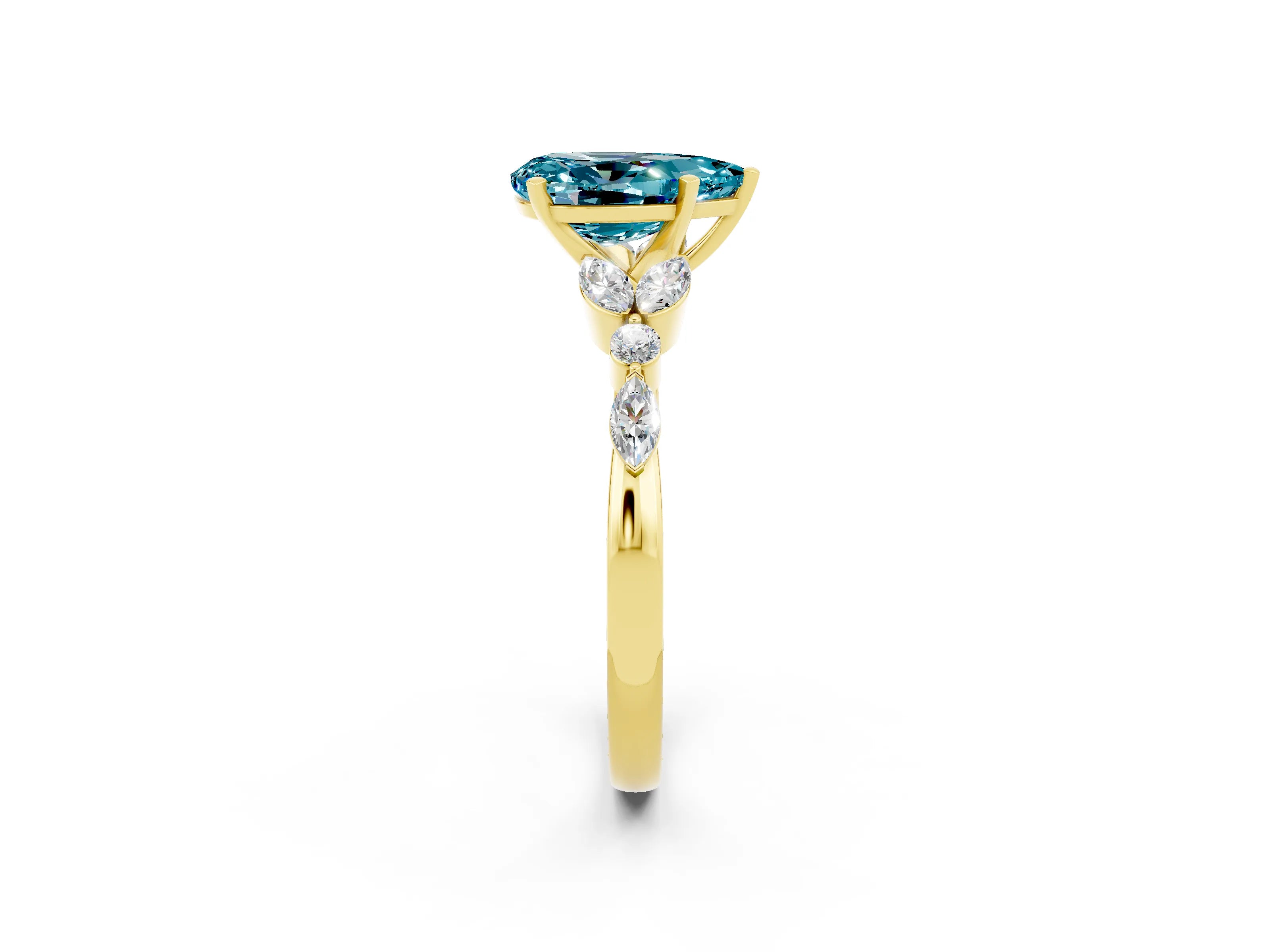 Yellow gold Pear Cut Blue Topaz Solitaire Ring with Side Stones and Four-Prong Setting_14