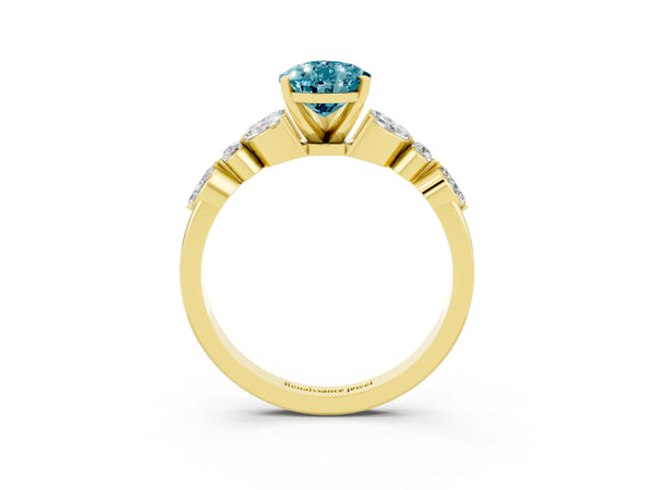 Yellow gold Pear Cut Blue Topaz Solitaire Ring with Side Stones and Four-Prong Setting