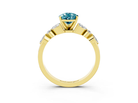 Yellow gold Pear Cut Blue Topaz Solitaire Ring with Side Stones and Four-Prong Setting_15