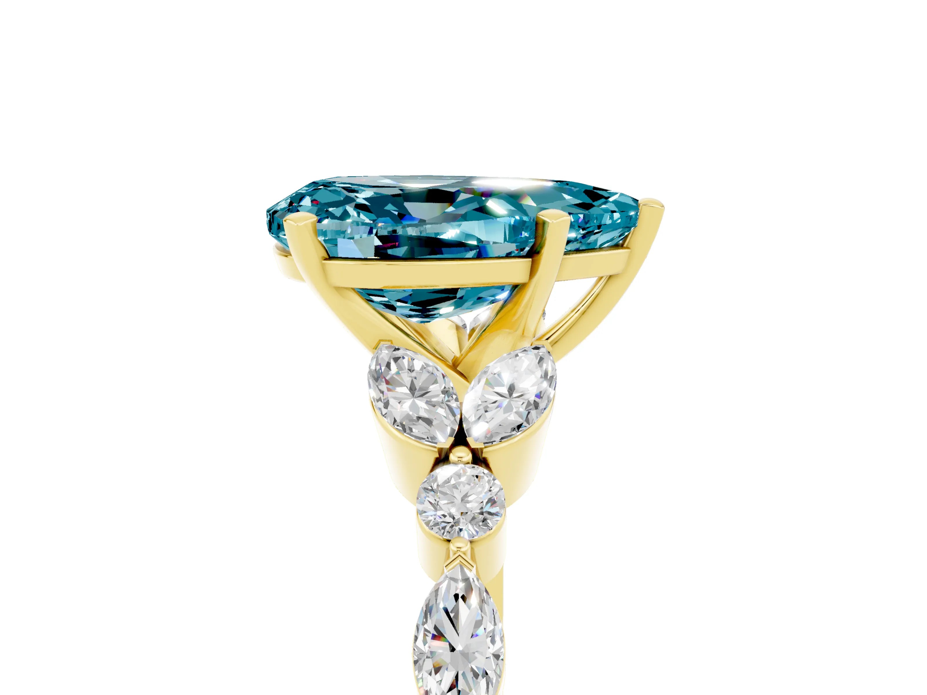 Yellow gold Pear Cut Blue Topaz Solitaire Ring with Side Stones and Four-Prong Setting_17