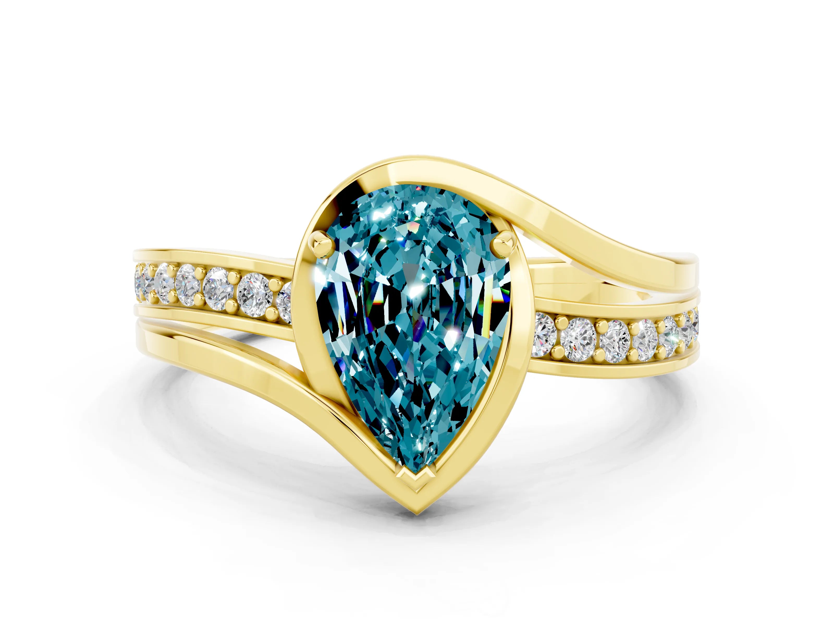 Yellow gold Pear Cut Blue Topaz Solitaire Ring with Split Shank and Prong Setting