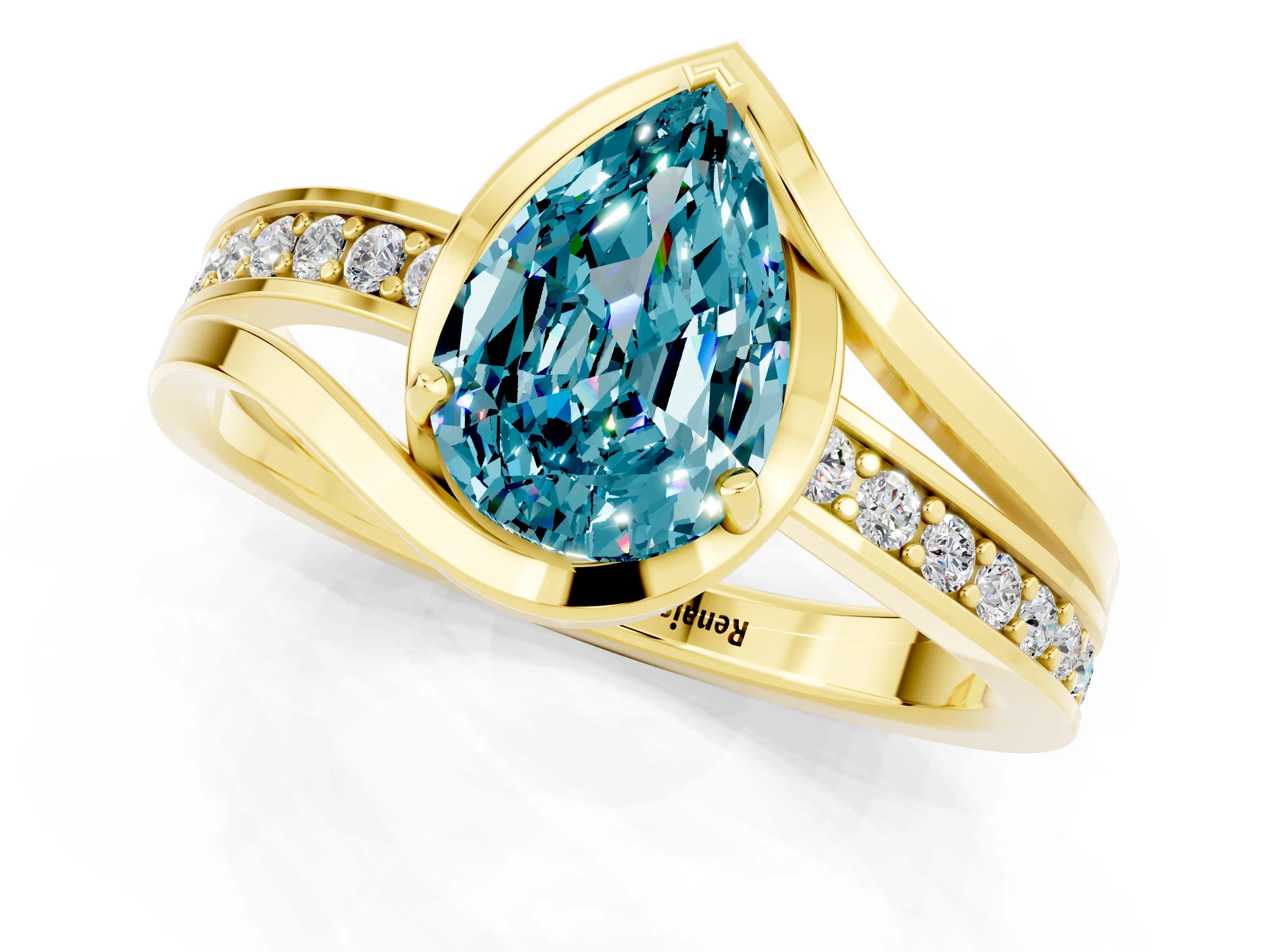 Yellow gold Pear Cut Blue Topaz Solitaire Ring with Split Shank and Prong Setting_1