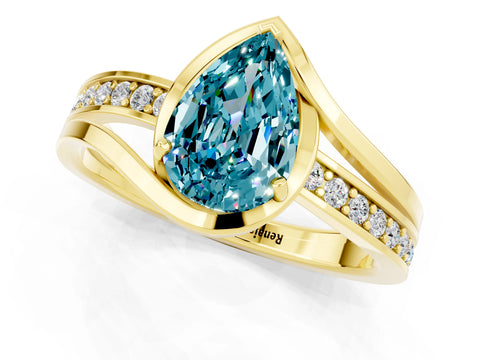 Yellow gold Pear Cut Blue Topaz Solitaire Ring with Split Shank and Prong Setting_1