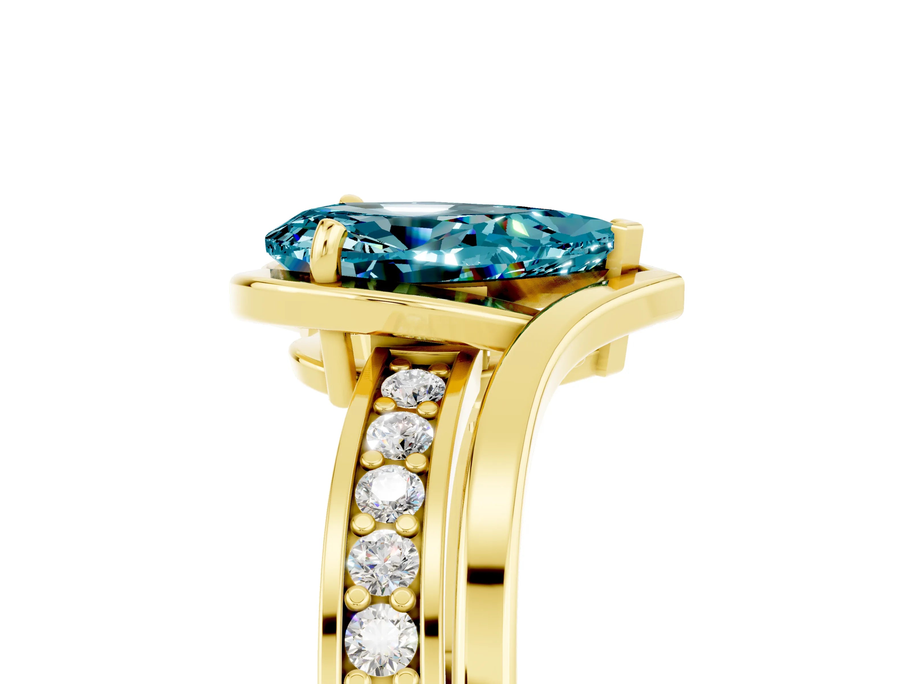 Yellow gold Pear Cut Blue Topaz Solitaire Ring with Split Shank and Prong Setting_5