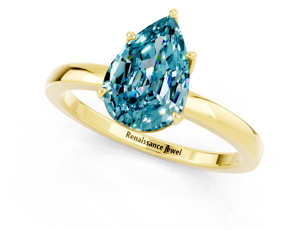 Yellow gold Pear Cut Blue Topaz Solitaire Ring with Thin Band and Prong Setting