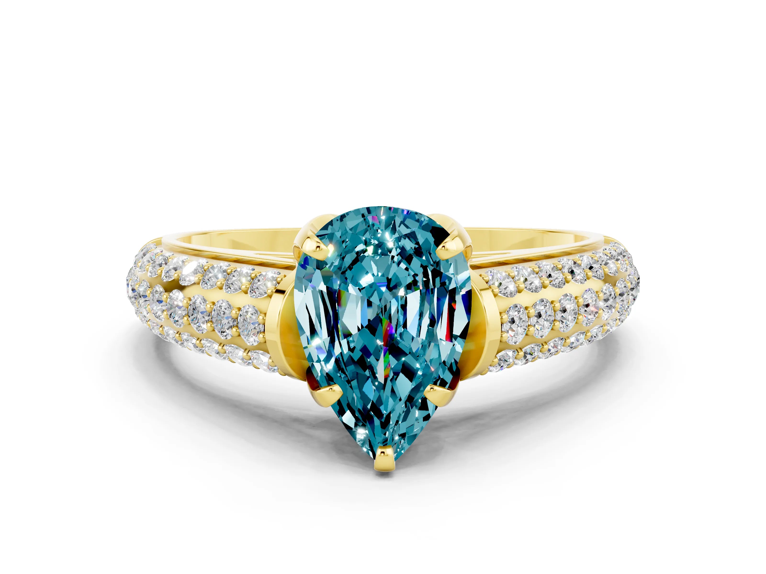 Yellow gold Pear Cut Blue Topaz Solitaire Ring with Three-Row Pavé Band and Four-Prong Setting_12
