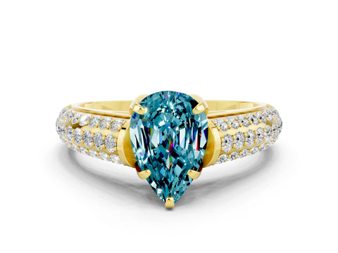 Yellow gold Pear Cut Blue Topaz Solitaire Ring with Three-Row Pavé Band and Four-Prong Setting_12