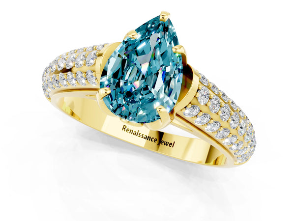 Yellow gold Pear Cut Blue Topaz Solitaire Ring with Three-Row Pavé Band and Four-Prong Setting