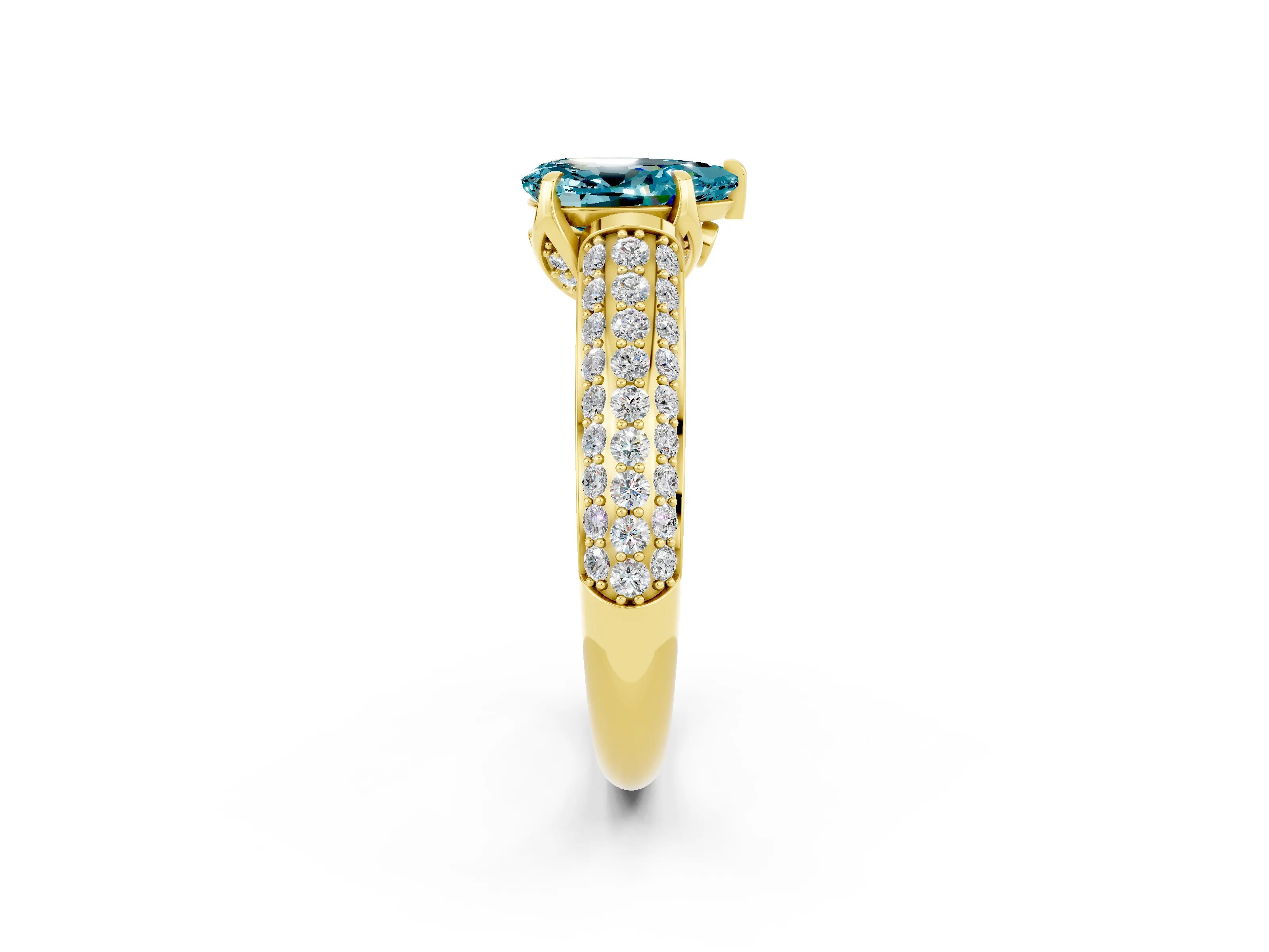 Yellow gold Pear Cut Blue Topaz Solitaire Ring with Three-Row Pavé Band and Four-Prong Setting_14
