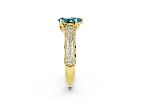 Yellow gold Pear Cut Blue Topaz Solitaire Ring with Three-Row Pavé Band and Four-Prong Setting_14
