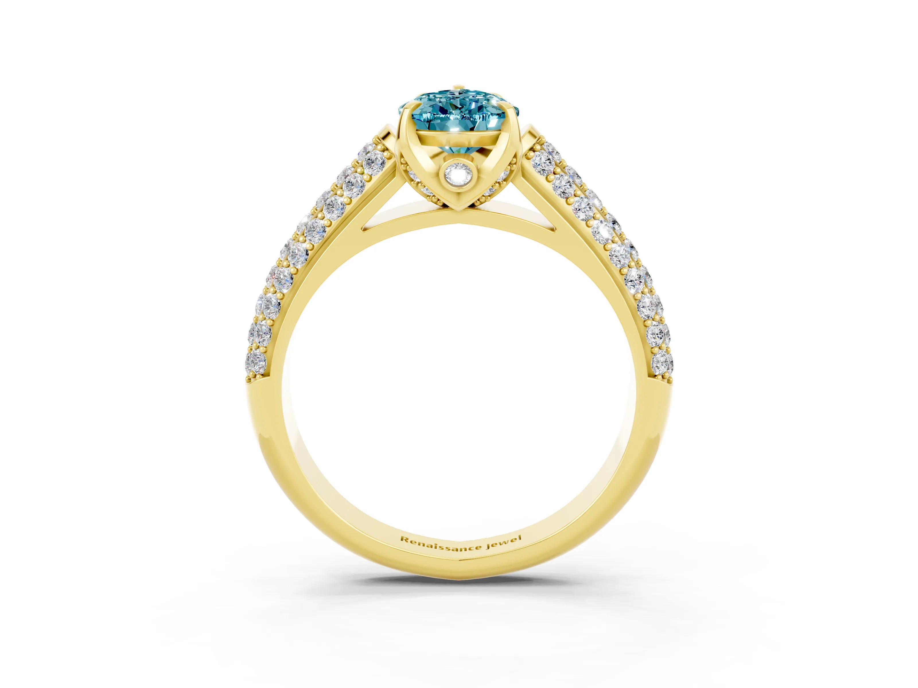 Yellow gold Pear Cut Blue Topaz Solitaire Ring with Three-Row Pavé Band and Four-Prong Setting_15