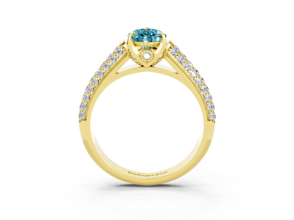 Yellow gold Pear Cut Blue Topaz Solitaire Ring with Three-Row Pavé Band and Four-Prong Setting