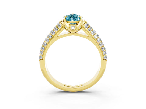 Yellow gold Pear Cut Blue Topaz Solitaire Ring with Three-Row Pavé Band and Four-Prong Setting_15