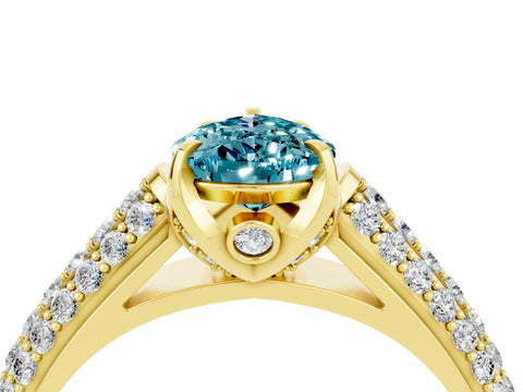 Yellow gold Pear Cut Blue Topaz Solitaire Ring with Three-Row Pavé Band and Four-Prong Setting_16