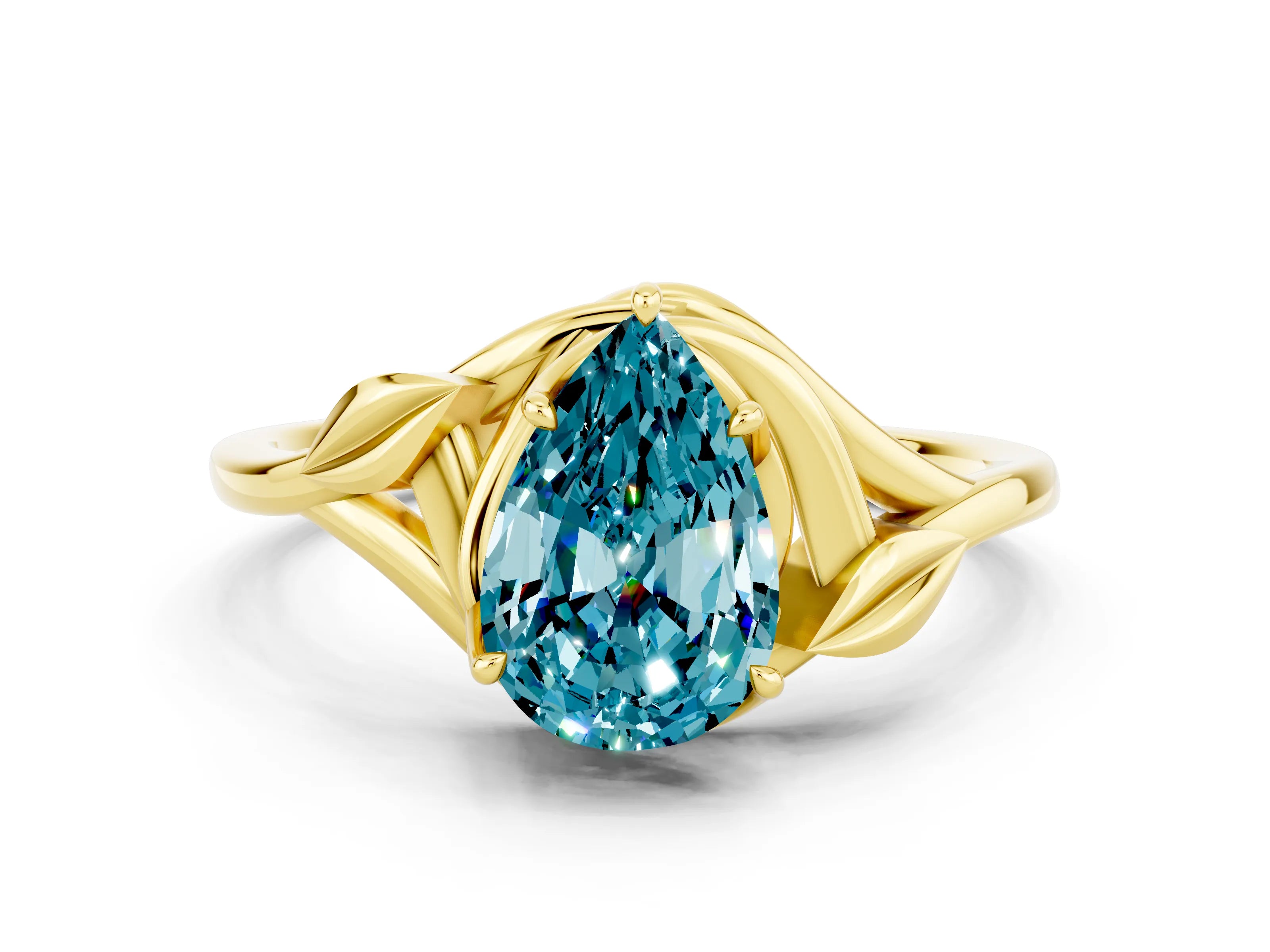Yellow gold Pear Cut Blue Topaz Solitaire Ring with Twist Band and Four-Prong Setting_24