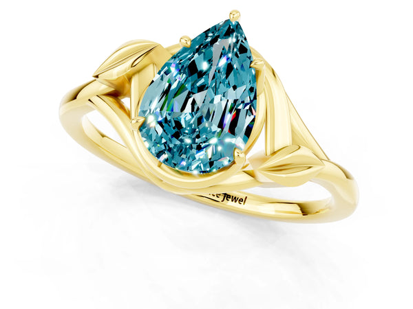 Yellow gold Pear Cut Blue Topaz Solitaire Ring with Twist Band and Four-Prong Setting