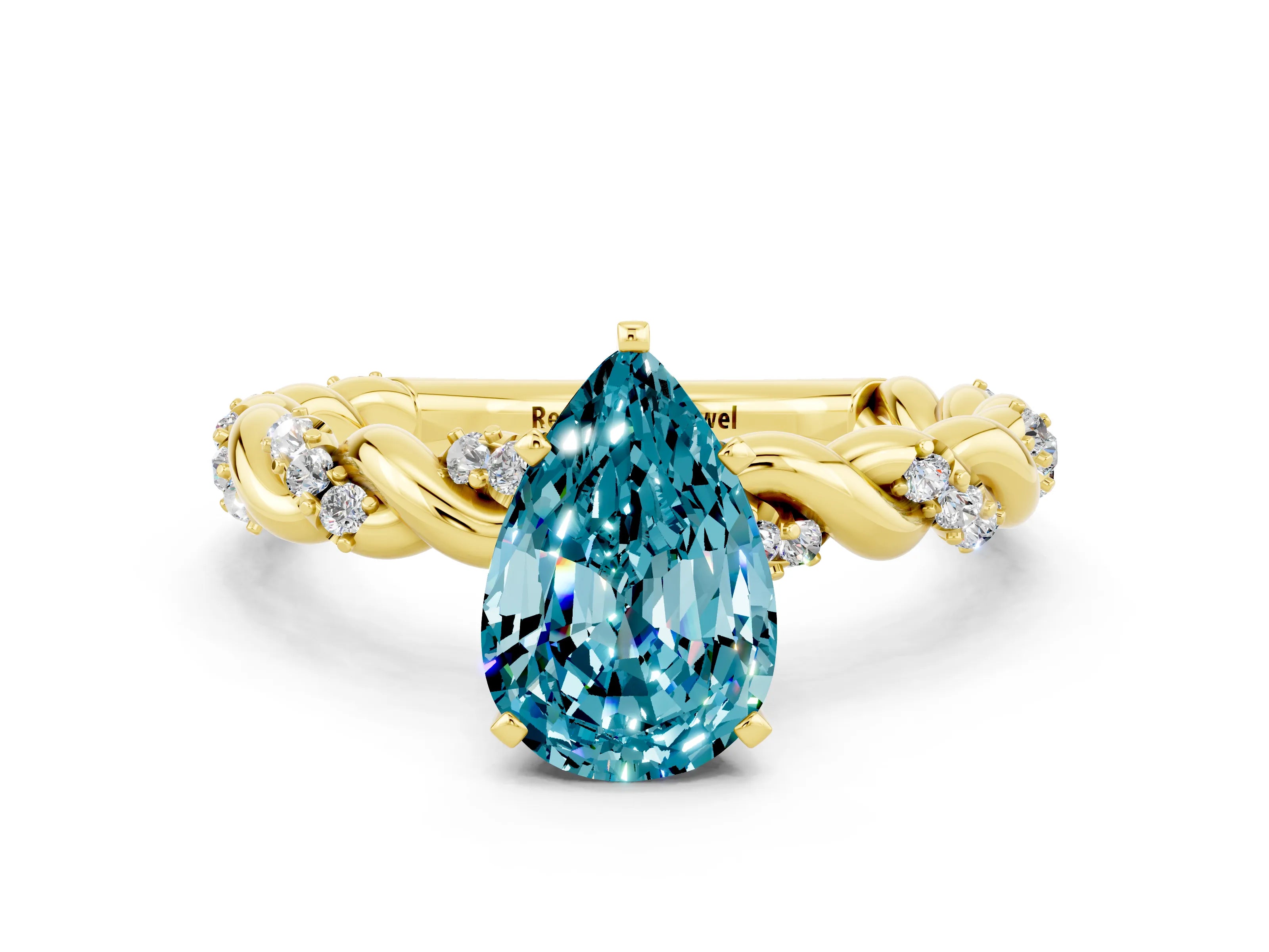 Yellow gold Pear Cut Blue Topaz Solitaire Ring with Twisted Band and Pavé Accents
