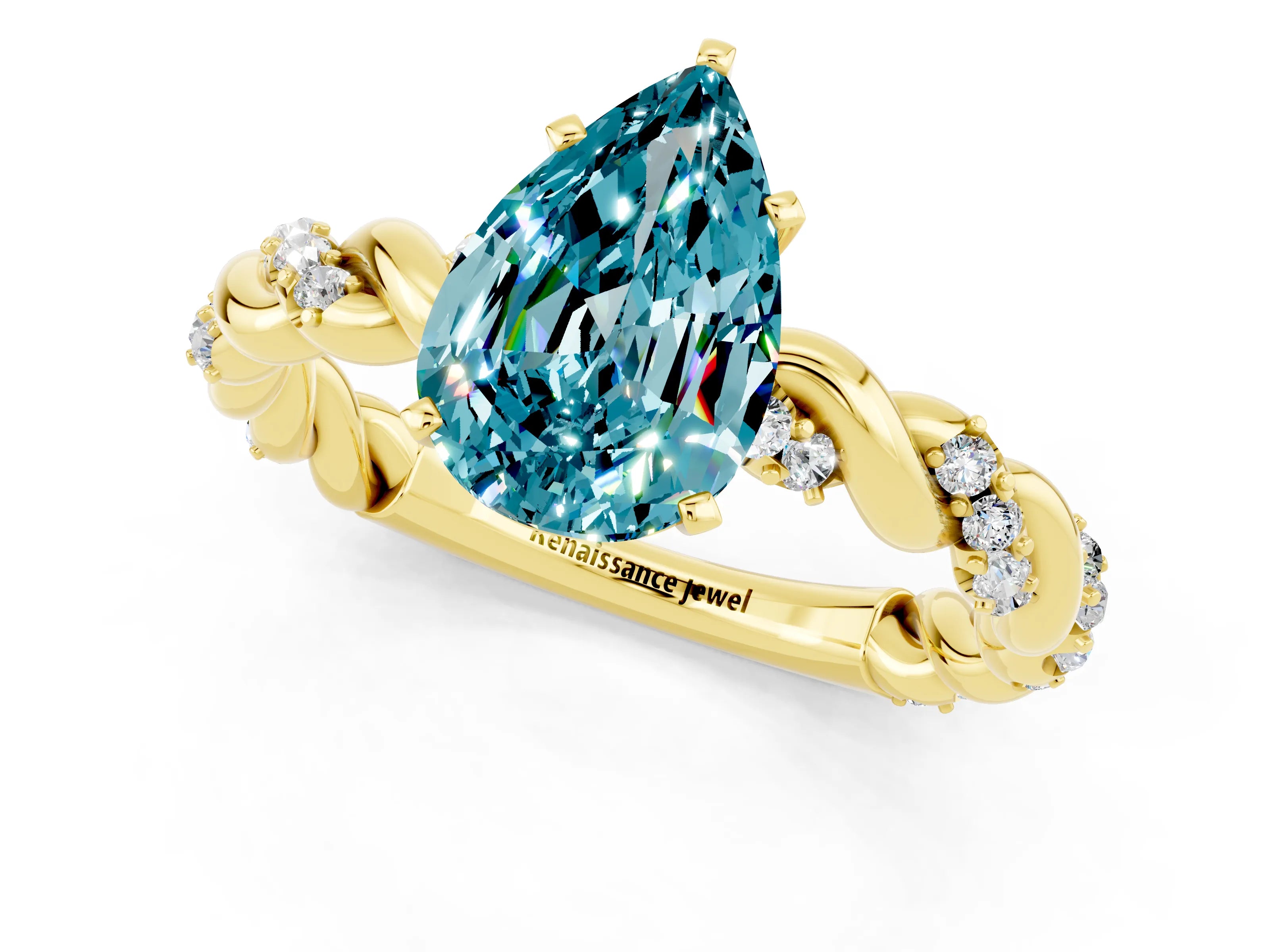 Yellow gold Pear Cut Blue Topaz Solitaire Ring with Twisted Band and Pavé Accents_1