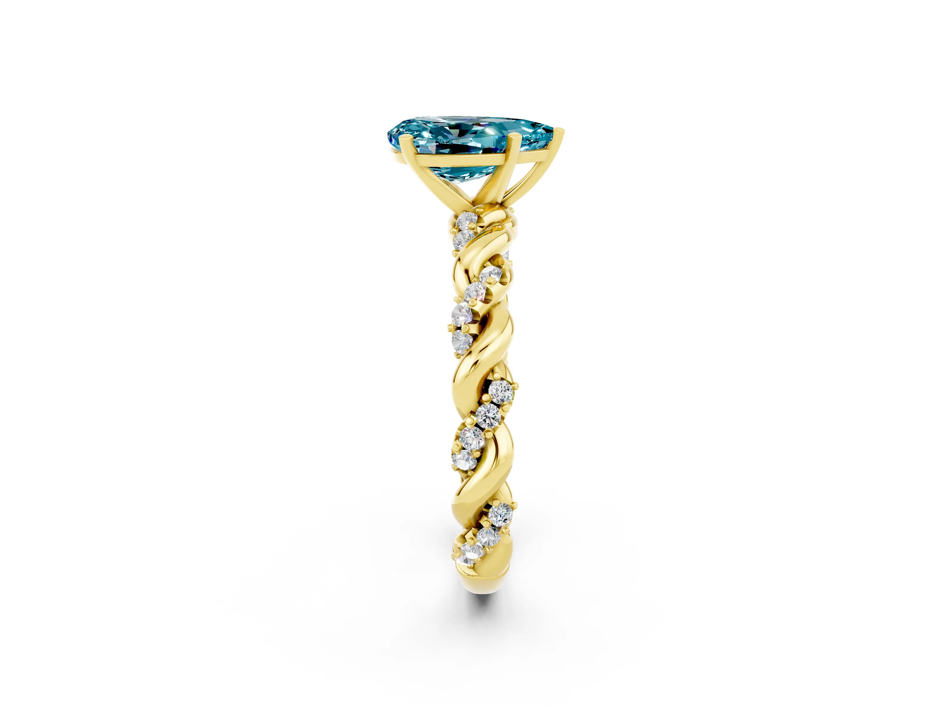 Yellow gold Pear Cut Blue Topaz Solitaire Ring with Twisted Band and Pavé Accents_2