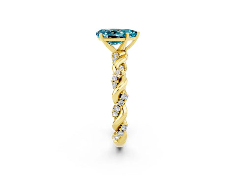Yellow gold Pear Cut Blue Topaz Solitaire Ring with Twisted Band and Pavé Accents_2