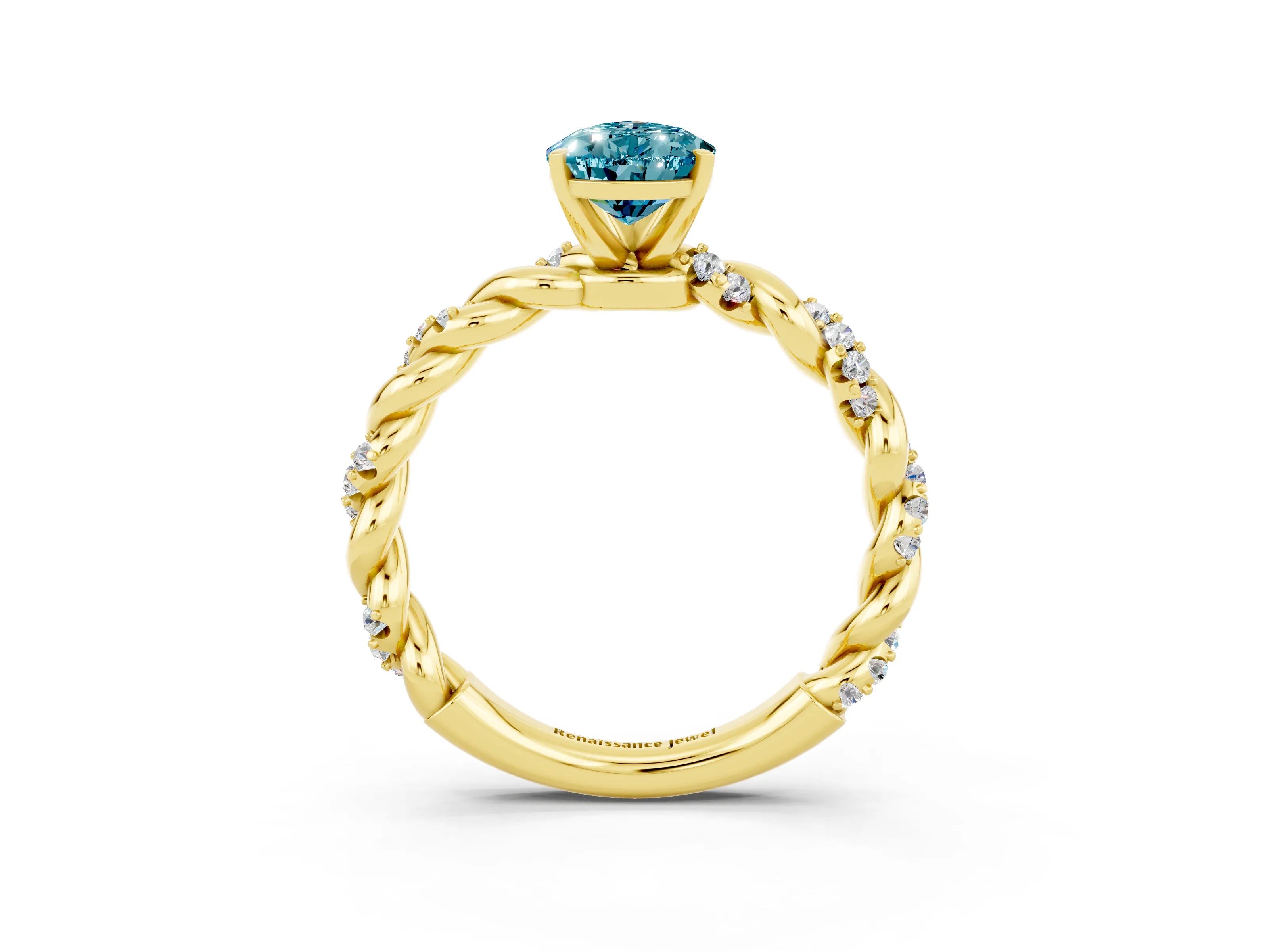Yellow gold Pear Cut Blue Topaz Solitaire Ring with Twisted Band and Pavé Accents_3