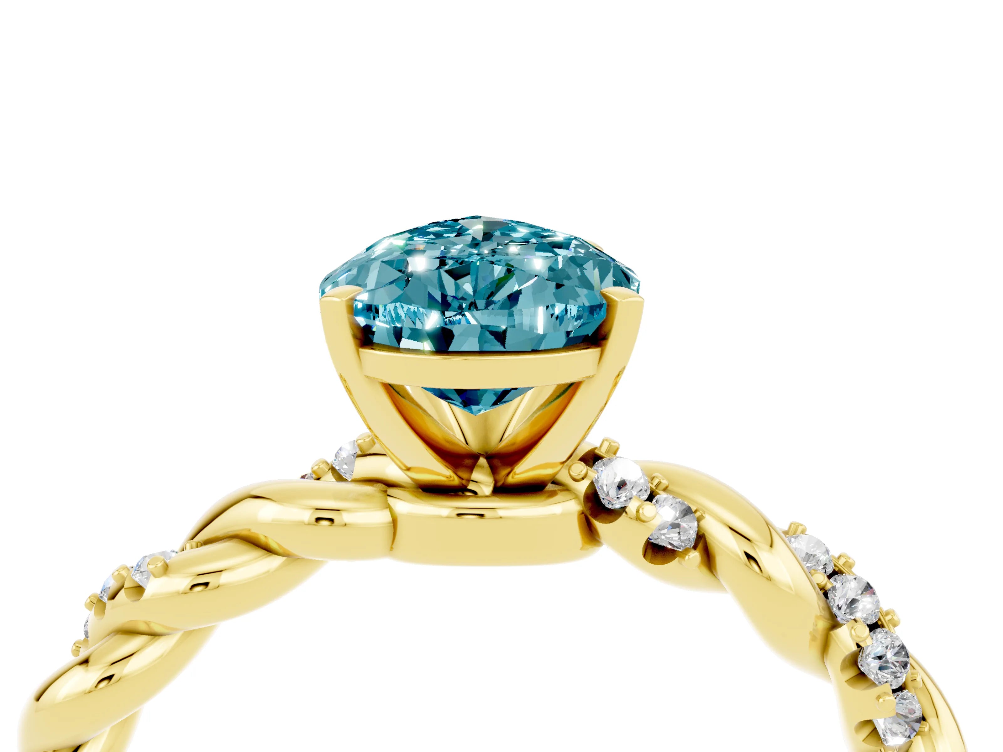 Yellow gold Pear Cut Blue Topaz Solitaire Ring with Twisted Band and Pavé Accents_4