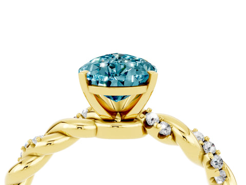Yellow gold Pear Cut Blue Topaz Solitaire Ring with Twisted Band and Pavé Accents_4