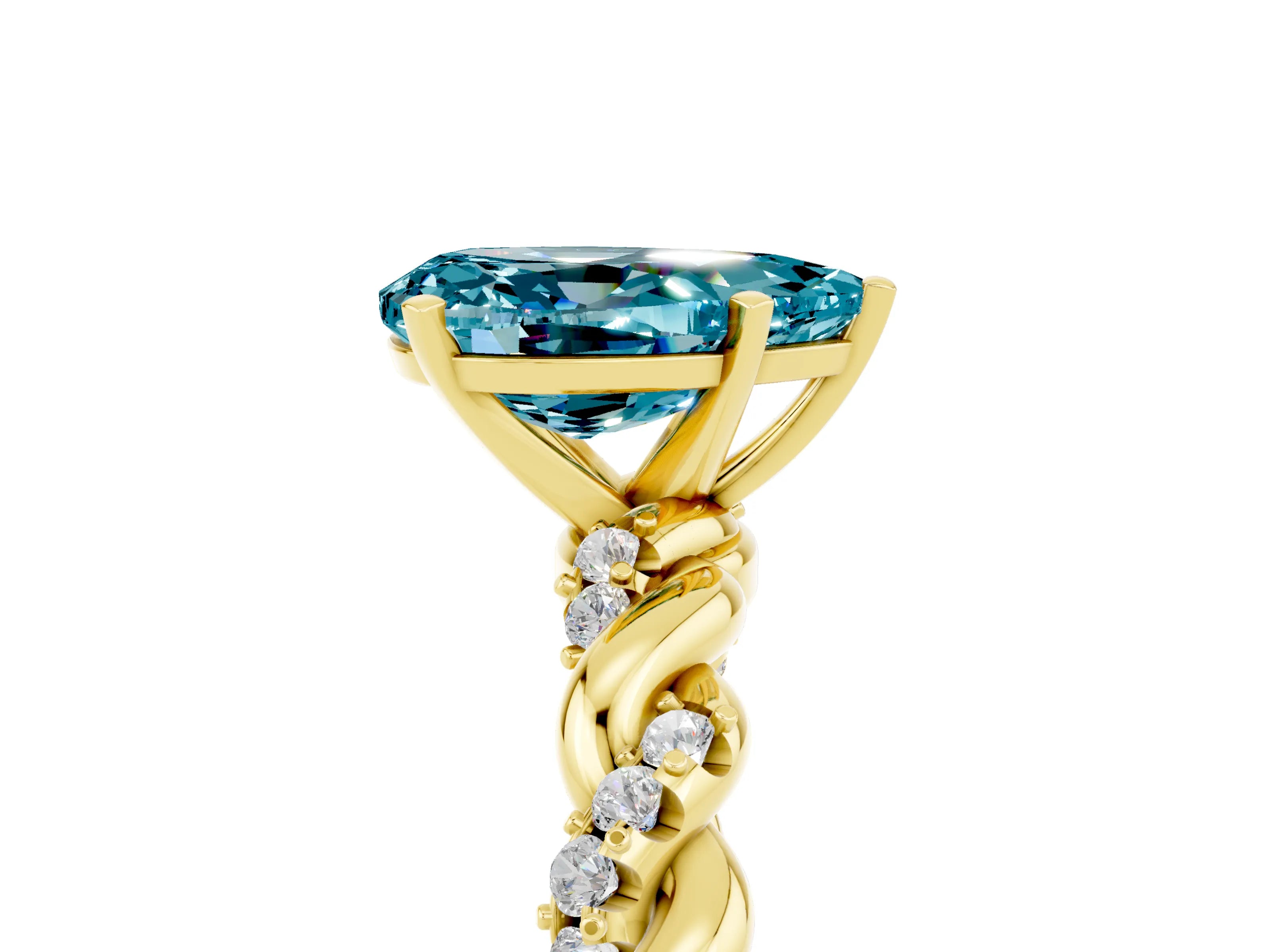 Yellow gold Pear Cut Blue Topaz Solitaire Ring with Twisted Band and Pavé Accents_5