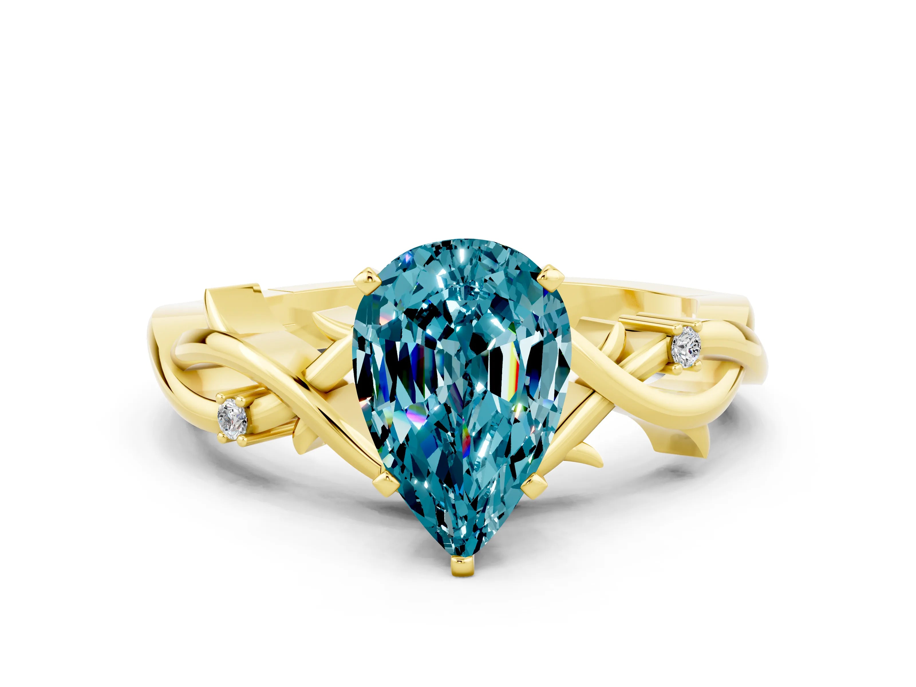 Yellow gold Pear Cut Blue Topaz Solitaire Ring with Twisted Band and Prong Setting