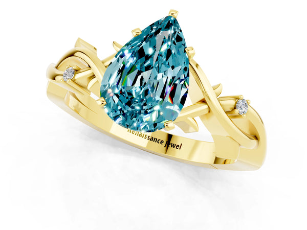 Yellow gold Pear Cut Blue Topaz Solitaire Ring with Twisted Band and Prong Setting