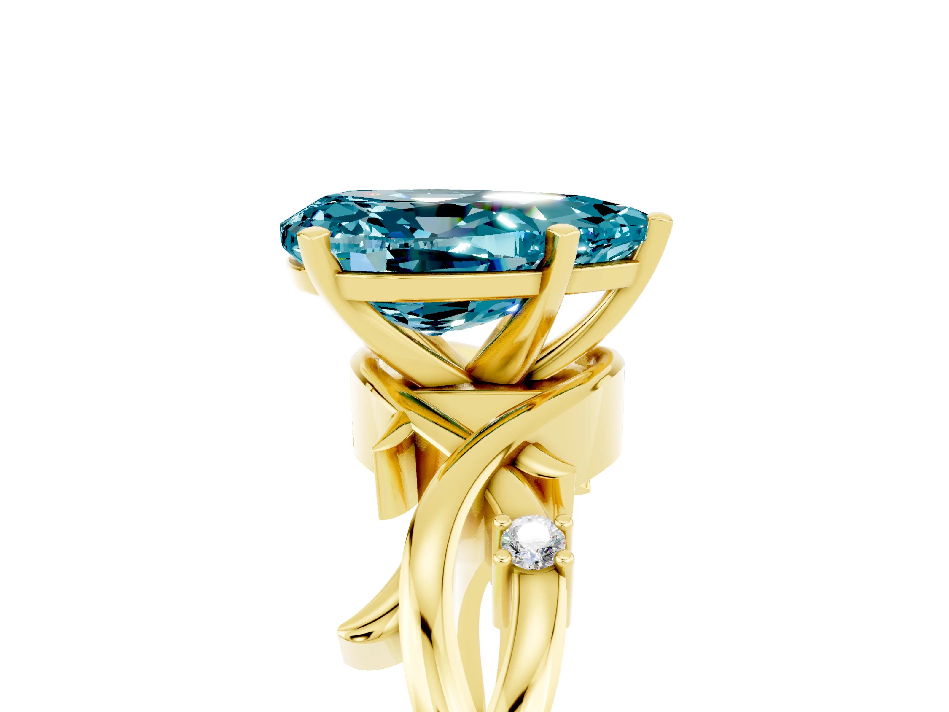 Yellow gold Pear Cut Blue Topaz Solitaire Ring with Twisted Band and Prong Setting_5