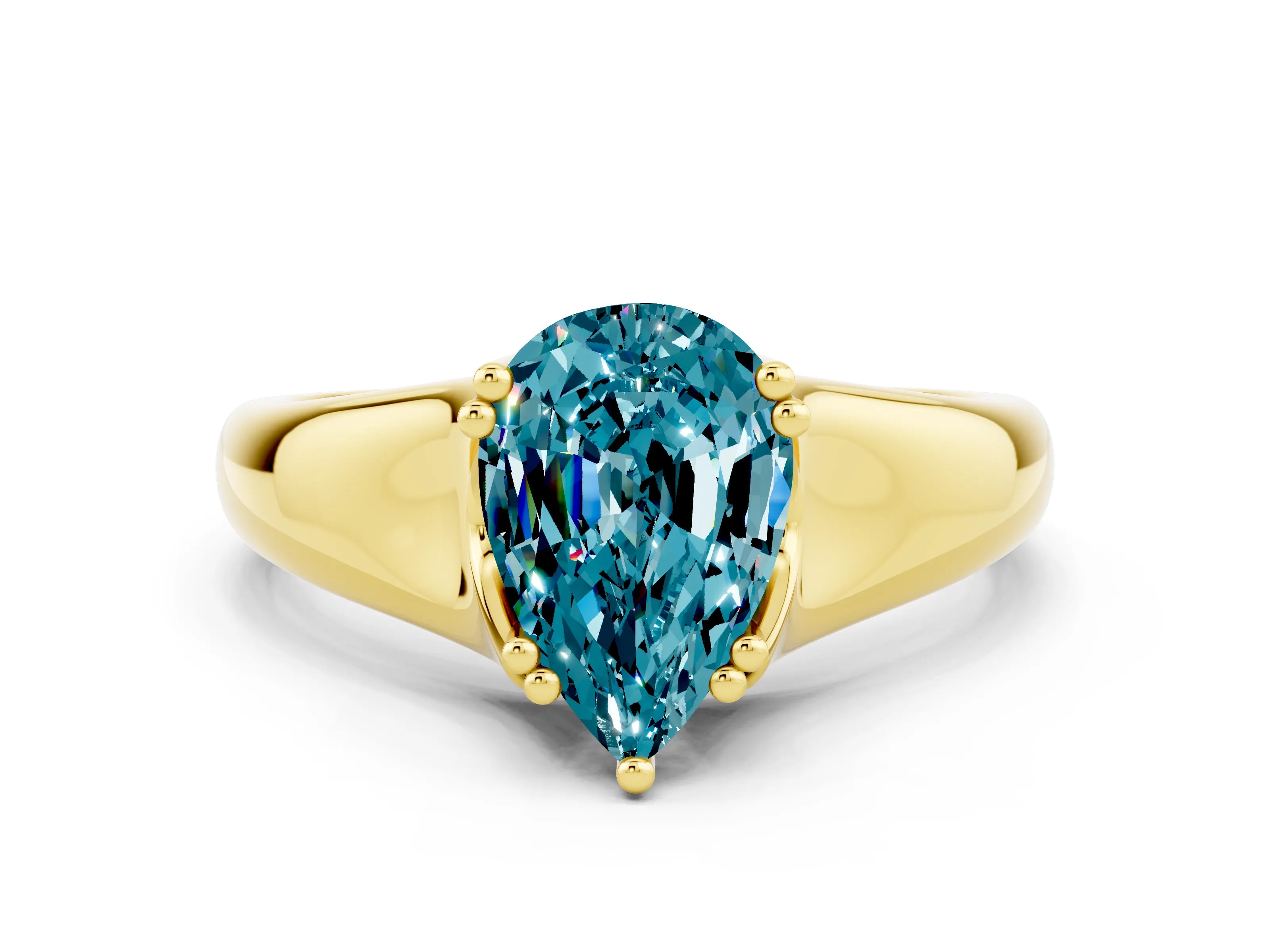 Yellow gold Pear Cut Blue Topaz Solitaire Ring with Wide Band and Prong Setting