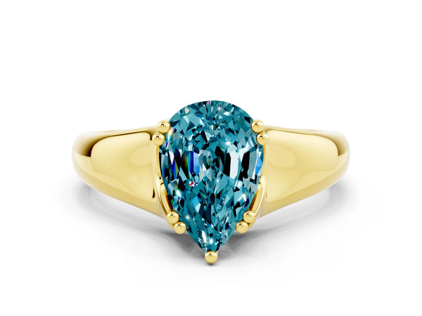 Yellow gold Pear Cut Blue Topaz Solitaire Ring with Wide Band and Prong Setting