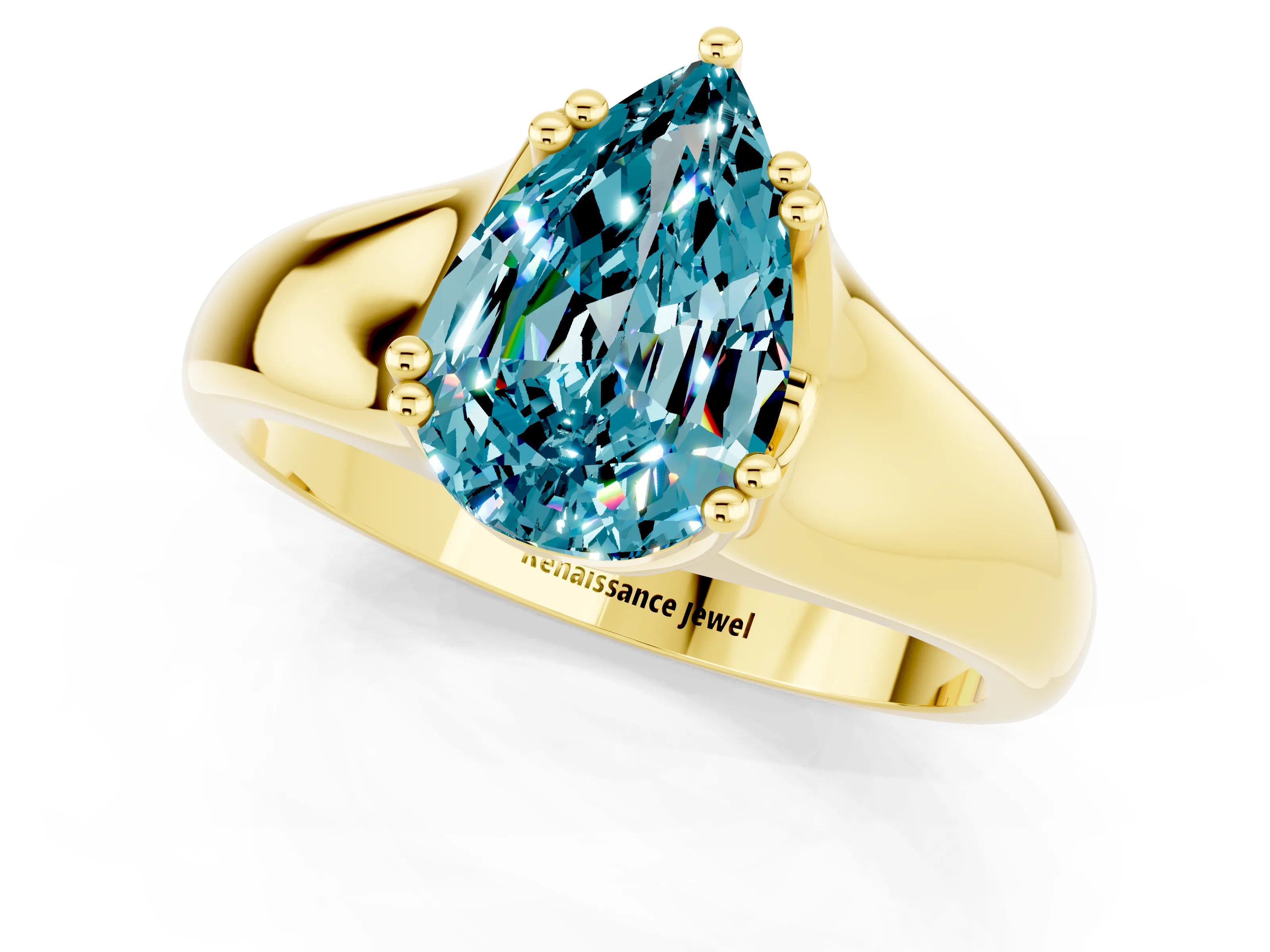 Yellow gold Pear Cut Blue Topaz Solitaire Ring with Wide Band and Prong Setting_1