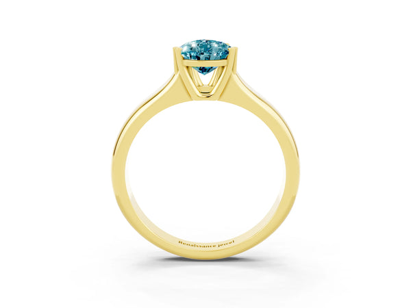 Yellow gold Pear Cut Blue Topaz Solitaire Ring with Wide Band and Prong Setting