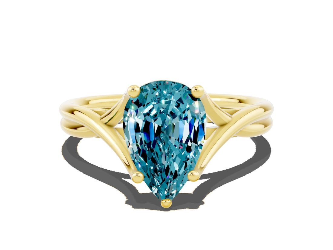 Yellow gold Pear Cut Blue Topaz Solitaire Twist Band Prong Setting Ring_60
