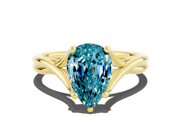 Yellow gold Pear Cut Blue Topaz Solitaire Twist Band Prong Setting Ring