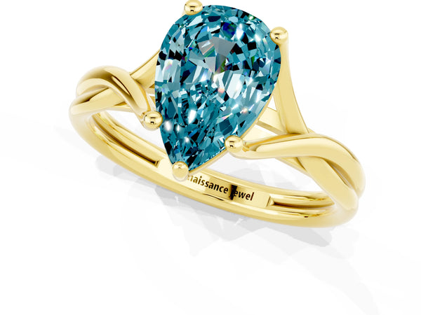Yellow gold Pear Cut Blue Topaz Solitaire Twist Band Prong Setting Ring