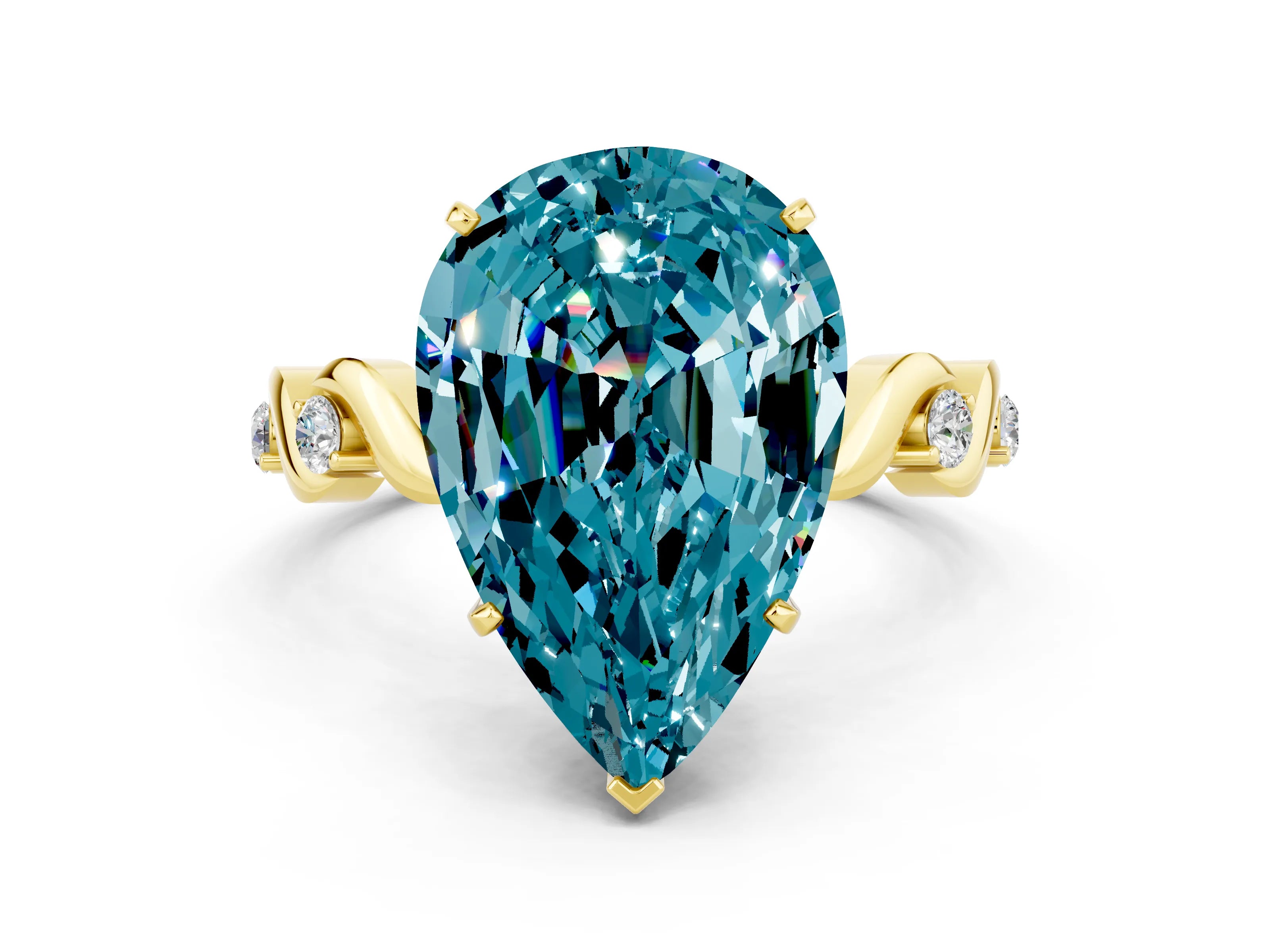 Yellow gold Pear Cut Blue Topaz Solitaire Twisted Band with Round  Accents and Prong Setting_12
