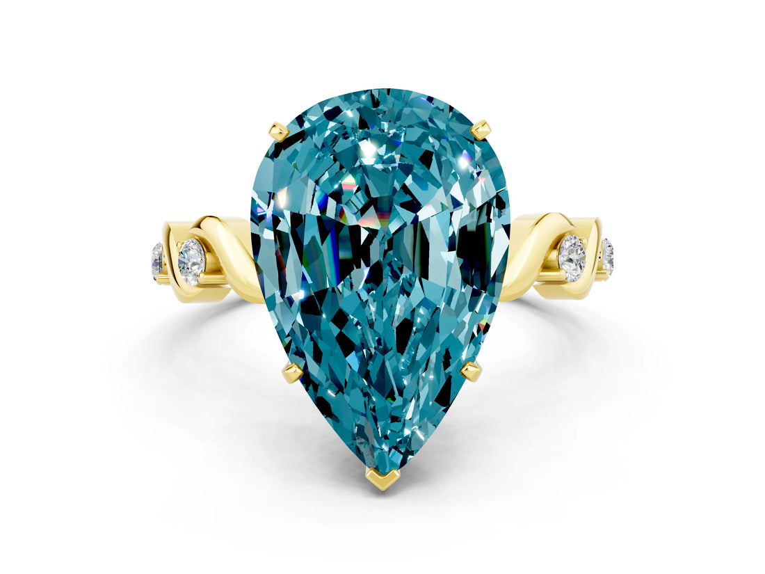 Yellow gold Pear Cut Blue Topaz Solitaire Twisted Band with Round  Accents and Prong Setting_12