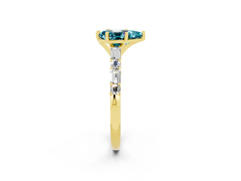 Yellow gold Pear Cut Blue Topaz Solitaire with Side Baguettes and Channel Set Band_2