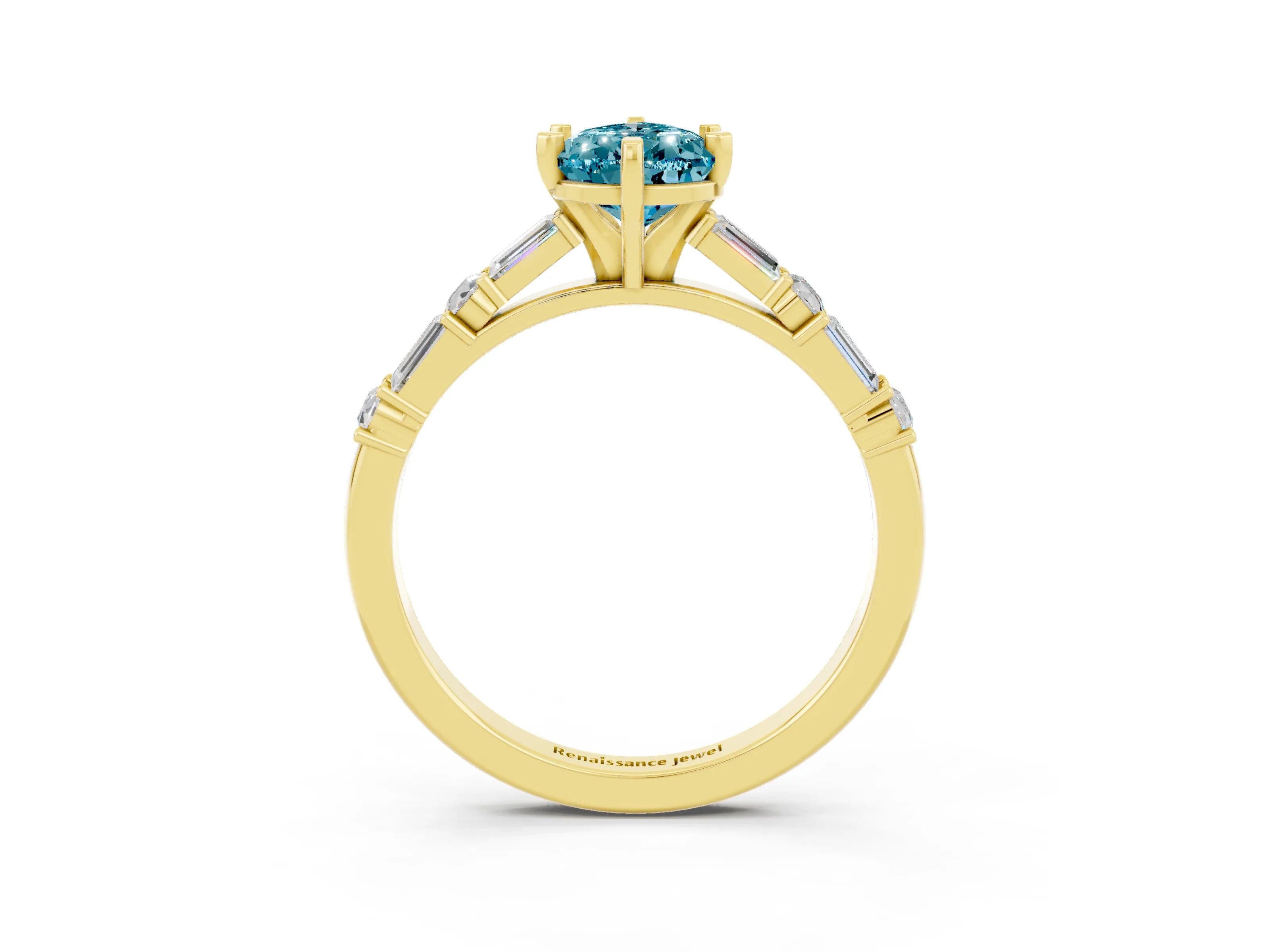 Yellow gold Pear Cut Blue Topaz Solitaire with Side Baguettes and Channel Set Band_3