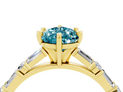 Yellow gold Pear Cut Blue Topaz Solitaire with Side Baguettes and Channel Set Band_4